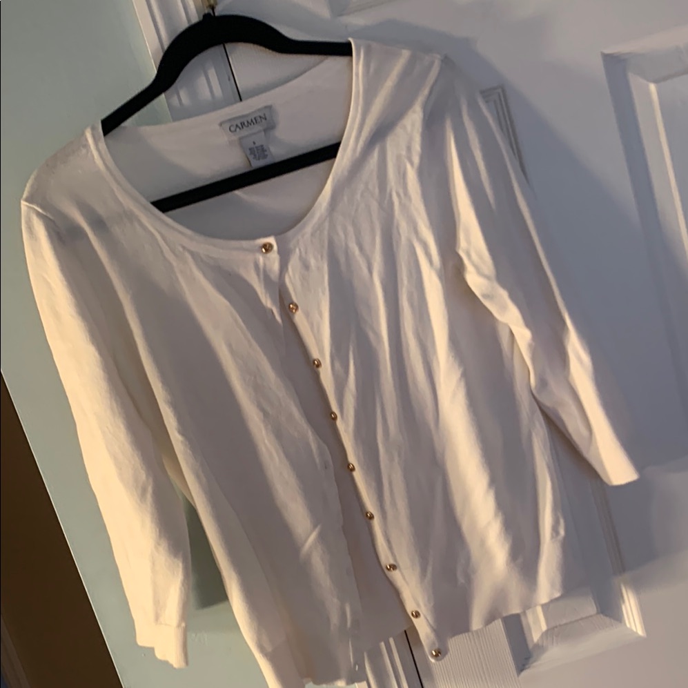 Carmen Marc Valvo White Cardigan. Gold Buttons 3/4 Length Sleeves. Size S